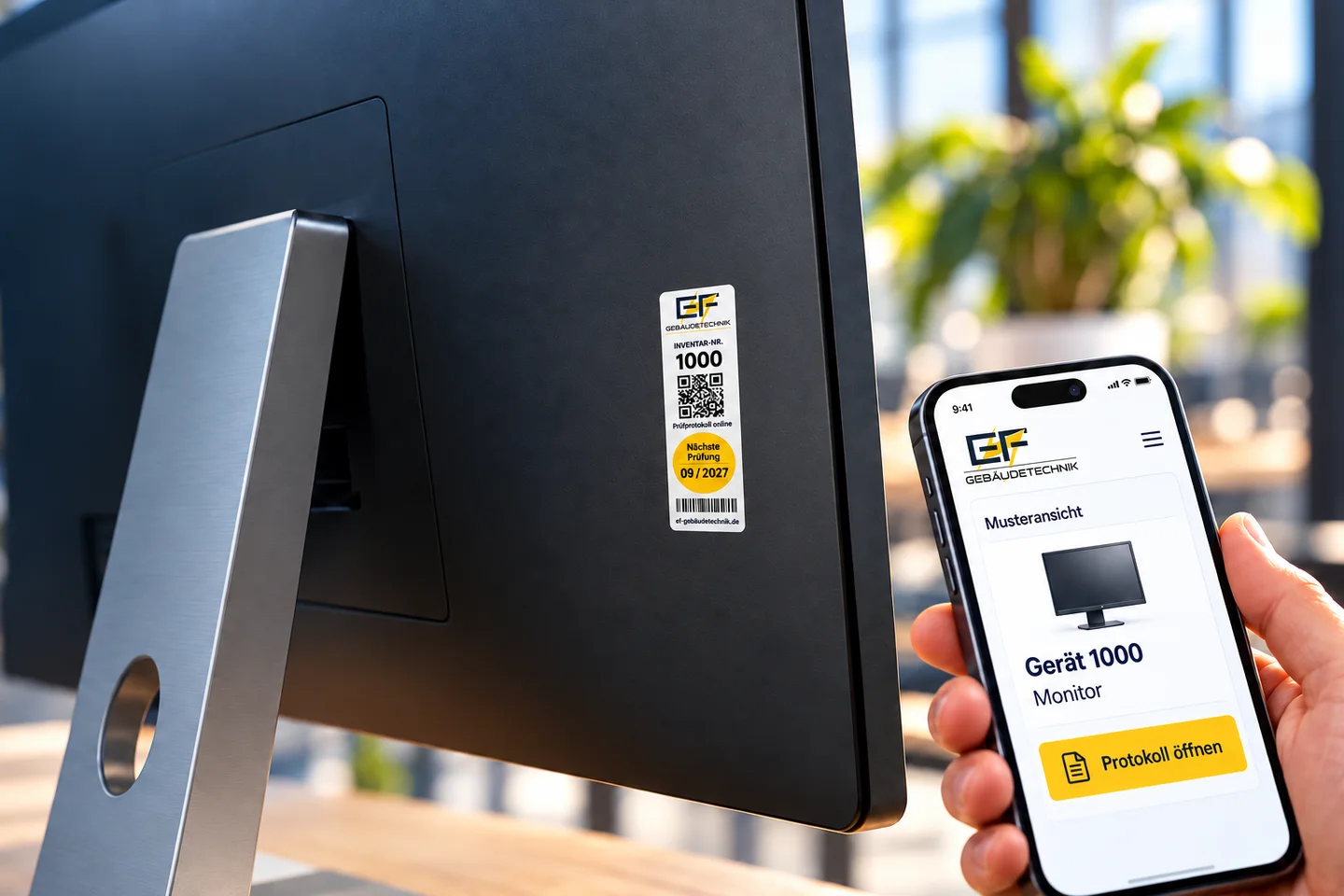 EF-Prüfplakette am Monitor und beispielhafte digitale Geräteansicht